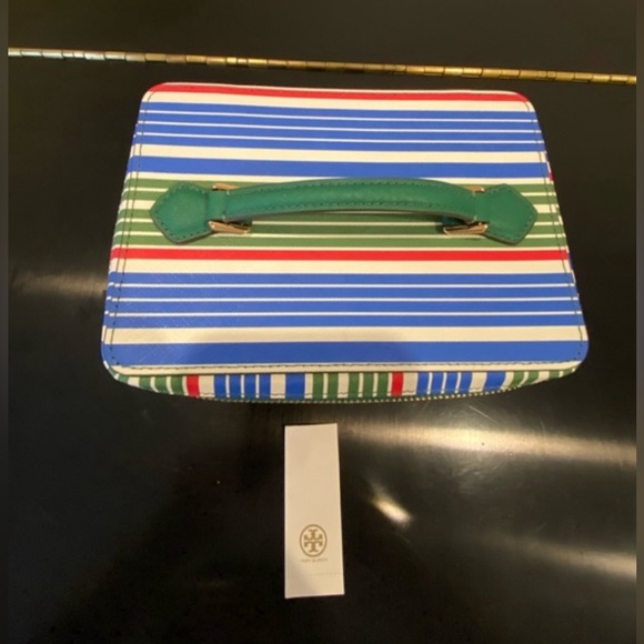 NWT AUTHENTIC RARE preppy Tory Burch Robinson Stripe Large Cosmetic Case/bag - Picture 10 of 17